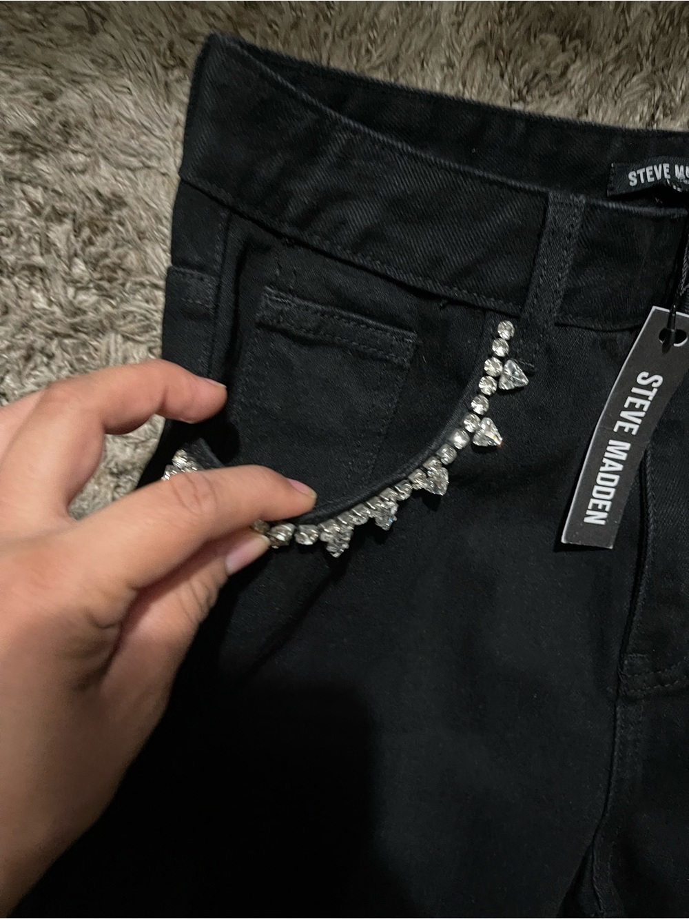 Steve Madden Black Straight-Leg Jeans with Rhinestone Chain - Picture 6 of 8